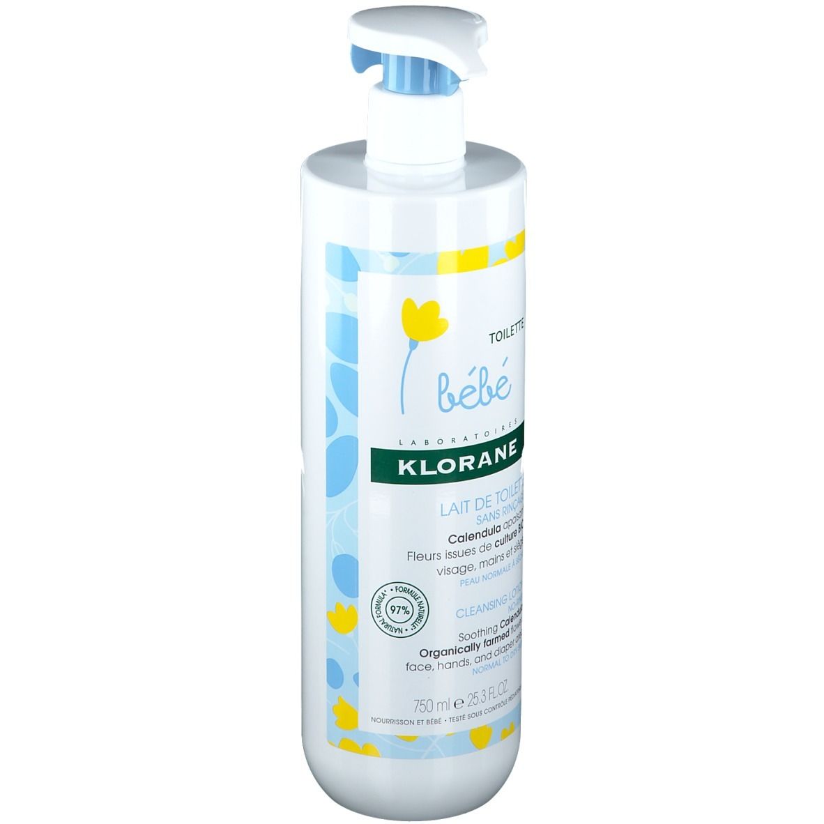 Klorane Bébé Toilettenmilch mit Ringelblume Bio. Weiße Flasche mit blauem und gelbem Design. Pumpverschluss.