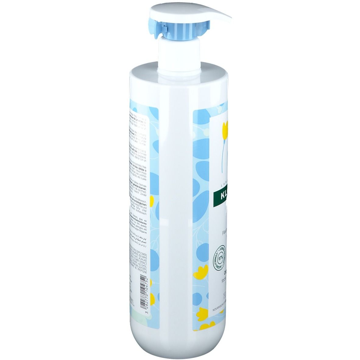 Rückseite der Klorane Bébé Toilettenmilch Flasche. Text in mehreren Sprachen. Blau-gelbes Design.