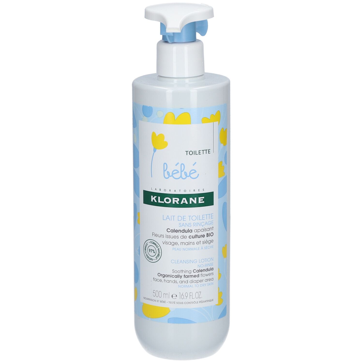 Flacon de Lait de Toilette Klorane Bébé avec pompe. Motifs bleus et jaunes. Texte : Lait de Toilette sans rinçage.