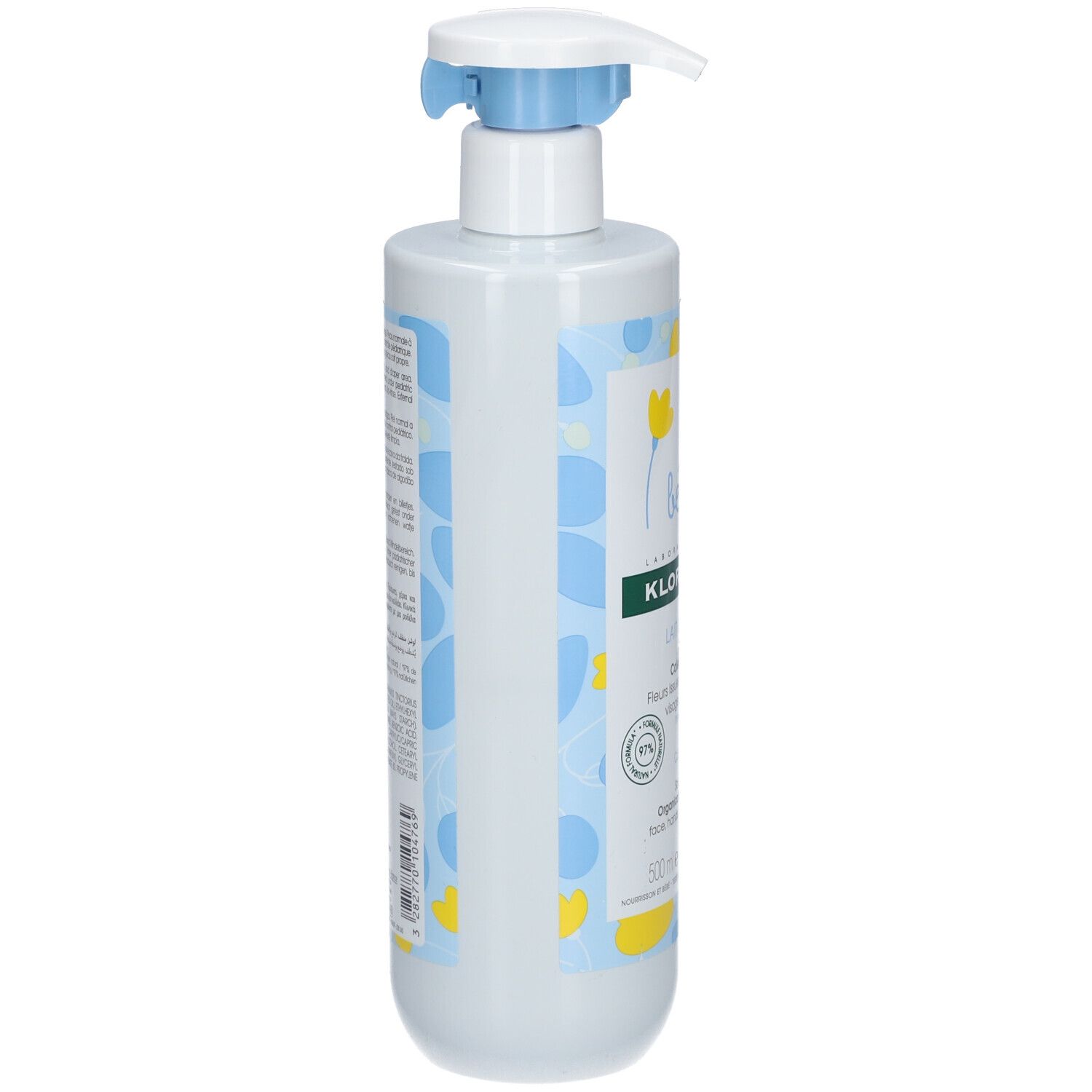 Dos du flacon de Lait de Toilette Klorane Bébé. Texte multilingue. Motifs bleus et jaunes.