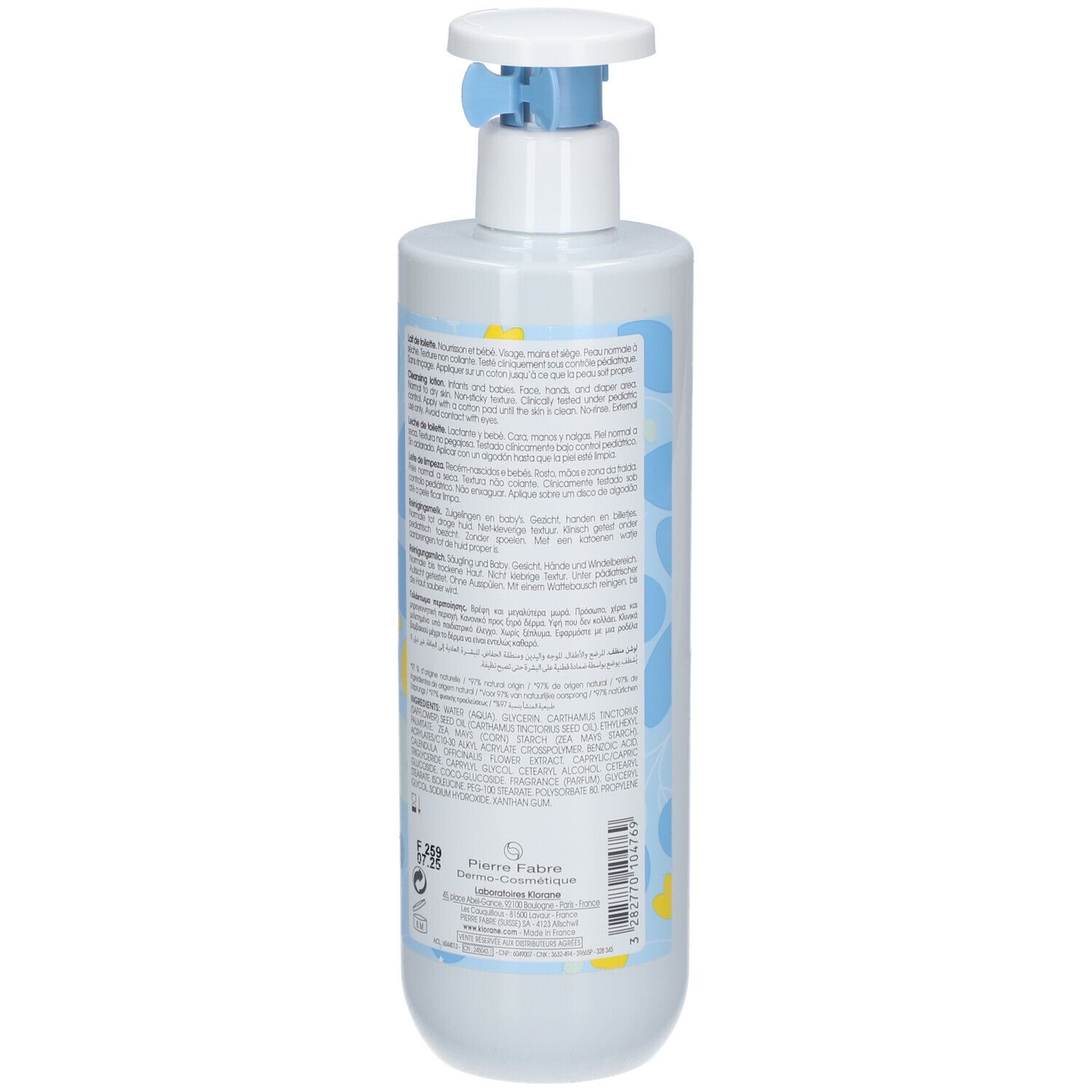 Dos du flacon de Lait de Toilette Klorane Bébé. Texte multilingue. Motifs bleus et jaunes.