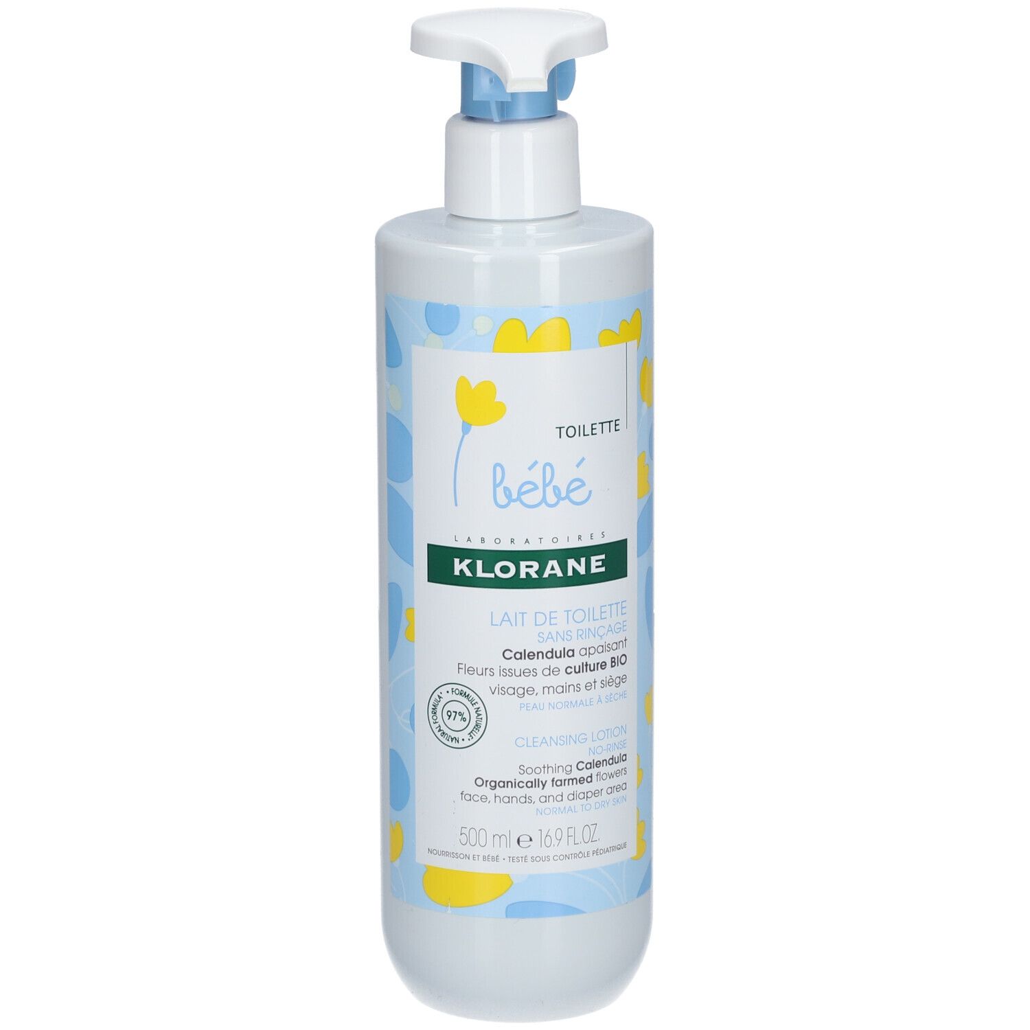 Flacon de Lait de Toilette Klorane Bébé avec pompe. Motifs bleus et jaunes. Texte : Lait de Toilette sans rinçage.
