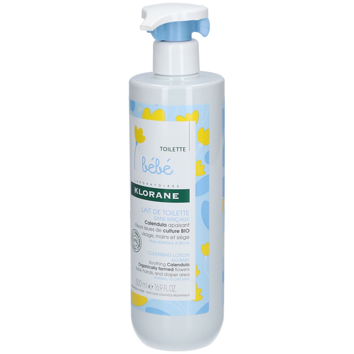 Flacon de Lait de Toilette Klorane Bébé avec pompe. Motifs bleus et jaunes. Texte : Lait de Toilette sans rinçage.