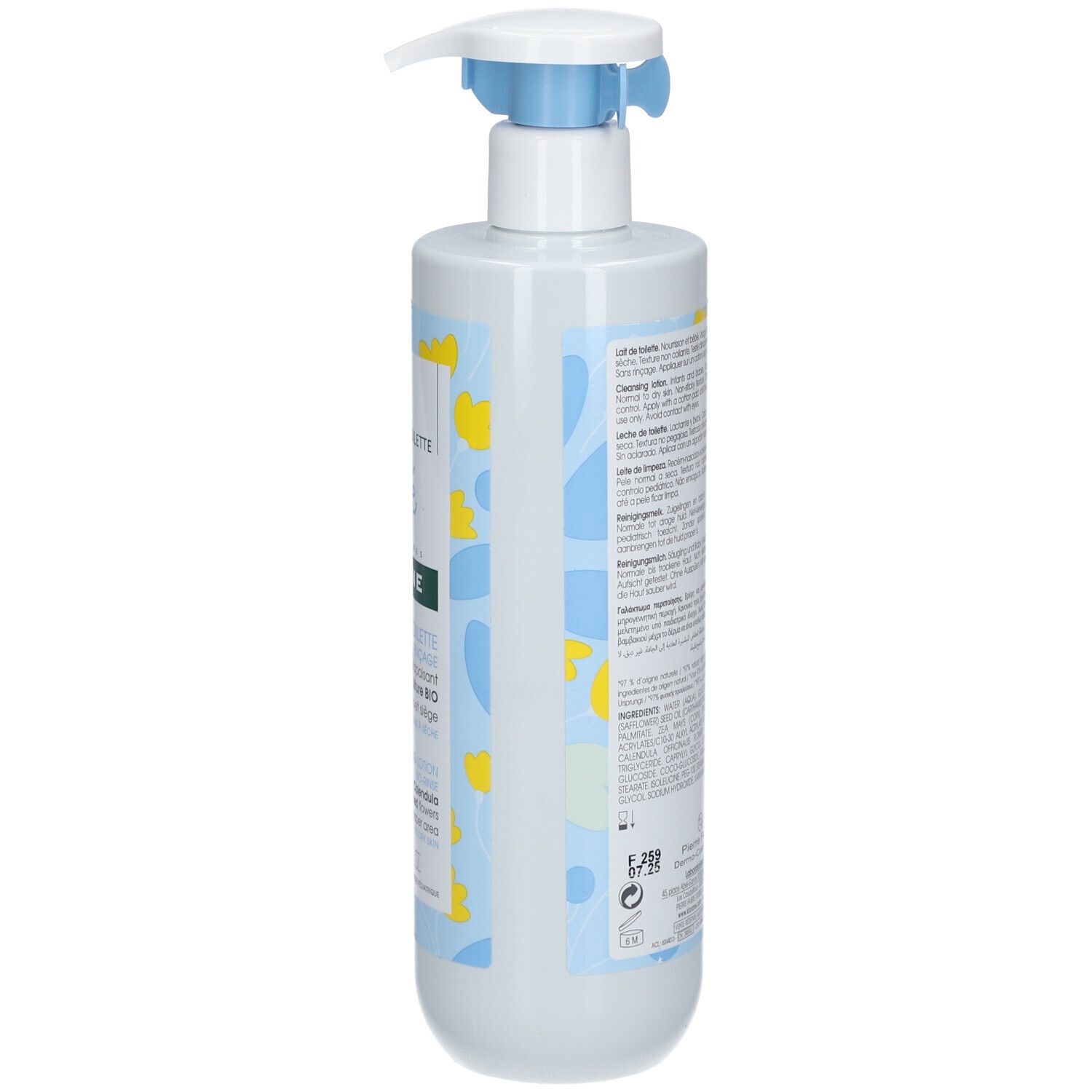 Dos du flacon de Lait de Toilette Klorane Bébé. Texte multilingue. Motifs bleus et jaunes.