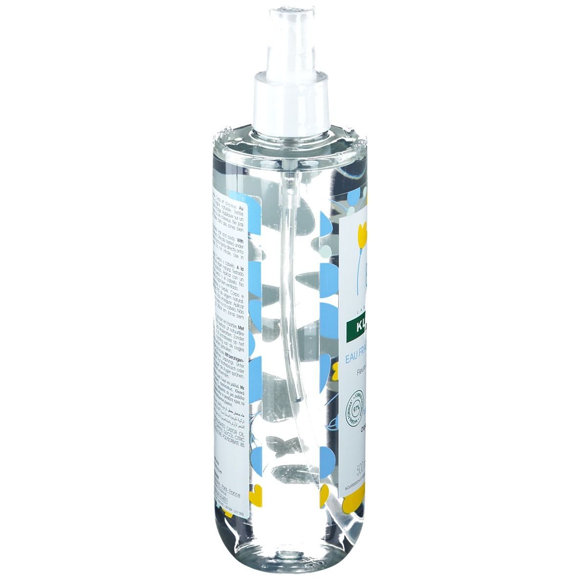 Flacon transparent Klorane Bébé Eau Fraîche Parfumée avec vaporisateur. Motifs floraux jaunes et bleus.
