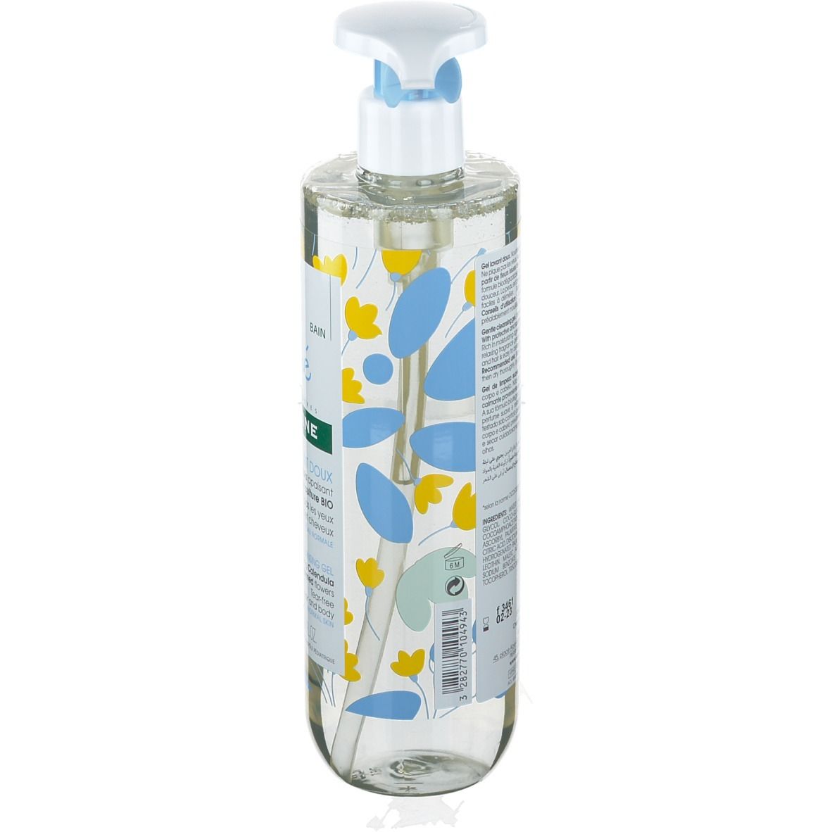 Rückseite der Klorane Bébé Flasche. Text, Inhaltsstoffe, Informationen. Mit gelben und blauen Blumen.