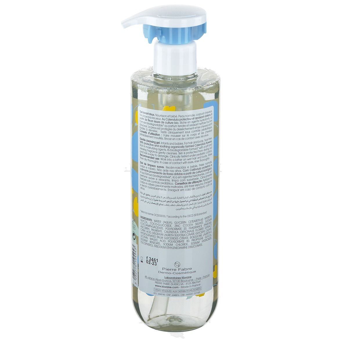 Rückseite der Klorane Bébé Flasche. Text, Inhaltsstoffe, Informationen. Mit gelben und blauen Blumen.