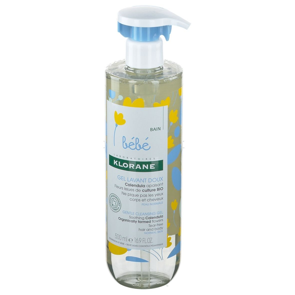 Klorane Bébé Reinigungsgel. Flasche mit Pumpe, gelbe Flüssigkeit. Aufschrift: Gel Lavant Doux, Calendula. 500 ml.