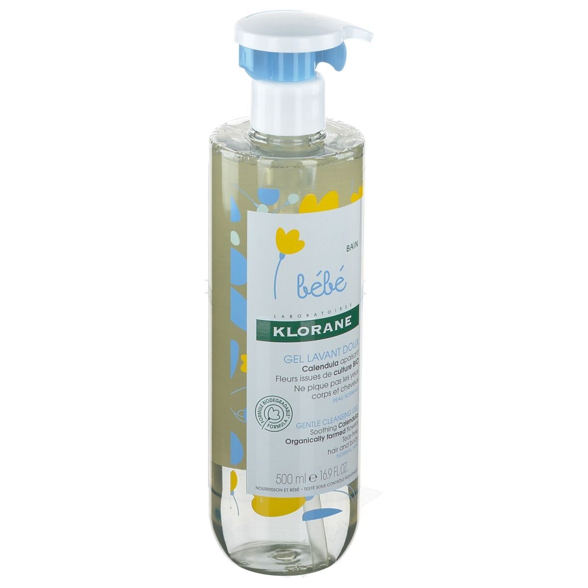 Klorane Bébé Reinigungsgel. Flasche mit Pumpe, gelbe Flüssigkeit. Aufschrift: Gel Lavant Doux, Calendula. 500 ml.