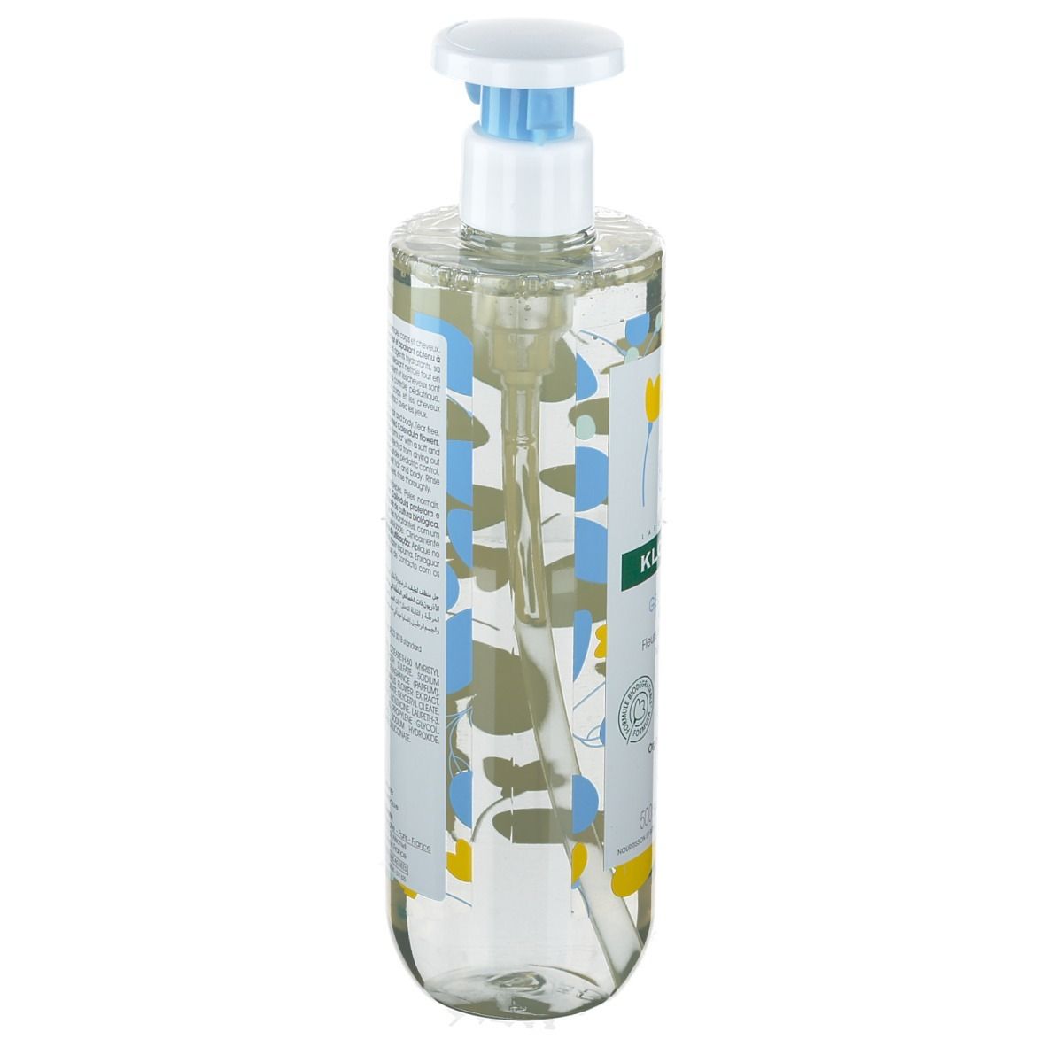 Rückseite der Klorane Bébé Flasche. Text, Inhaltsstoffe, Informationen. Mit gelben und blauen Blumen.