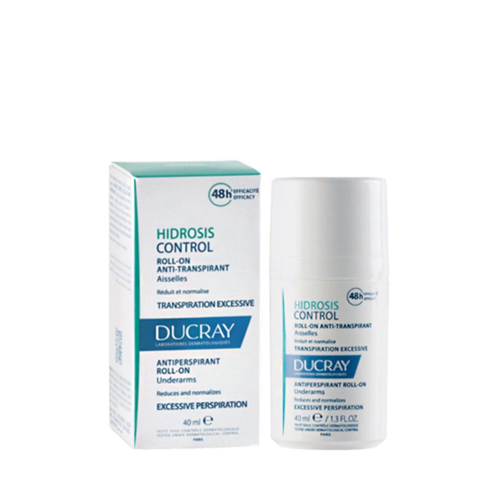 Ducray HIDROSIS CONTROL Roll-On und Verpackung. Weißes Roll-On-Fläschchen und Schachtel mit Produktinformationen.