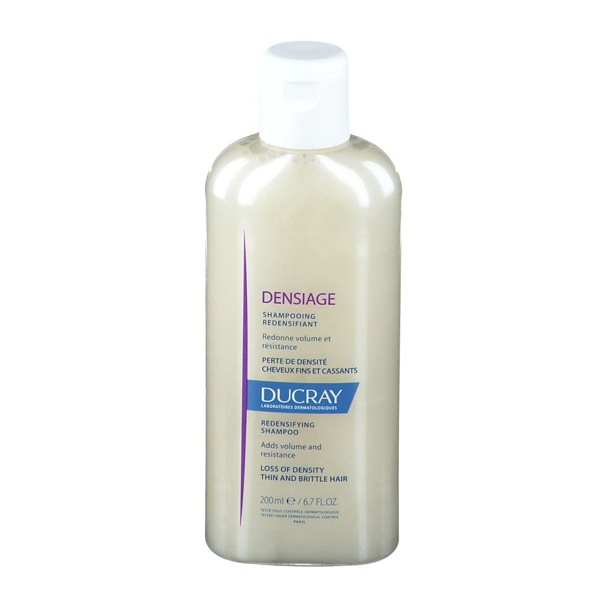 Shampoo-Flasche mit weißem Deckel. Aufschrift: DUCRAY DENSIAGE Shampoo. Für dünnes, brüchiges Haar.