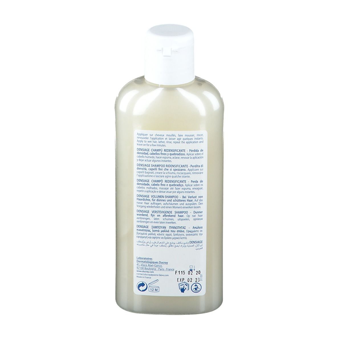 Rückseite einer Shampoo-Flasche. Mehrsprachiger Text. Informationen zu Inhaltsstoffen und Anwendung.