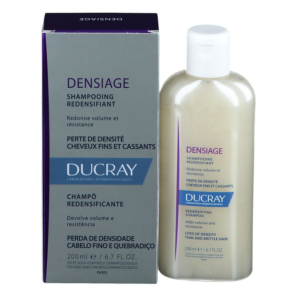 Shampoo-Flasche und Kartonverpackung. Aufschrift: DUCRAY DENSIAGE Shampoo. Für dünnes, brüchiges Haar.