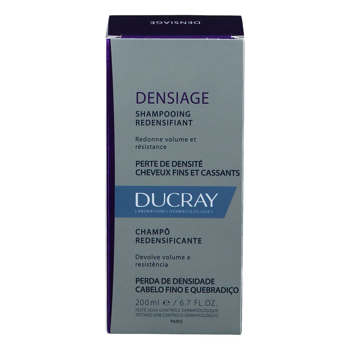 Kartonverpackung für Shampoo. Aufschrift: DUCRAY DENSIAGE Shampoo. Für dünnes, brüchiges Haar.