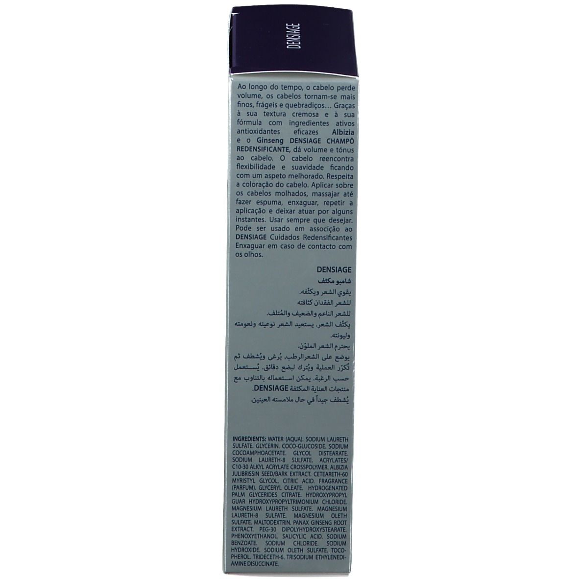 Kartonverpackung. Text in mehreren Sprachen. Informationen zu Inhaltsstoffen und Anwendung.