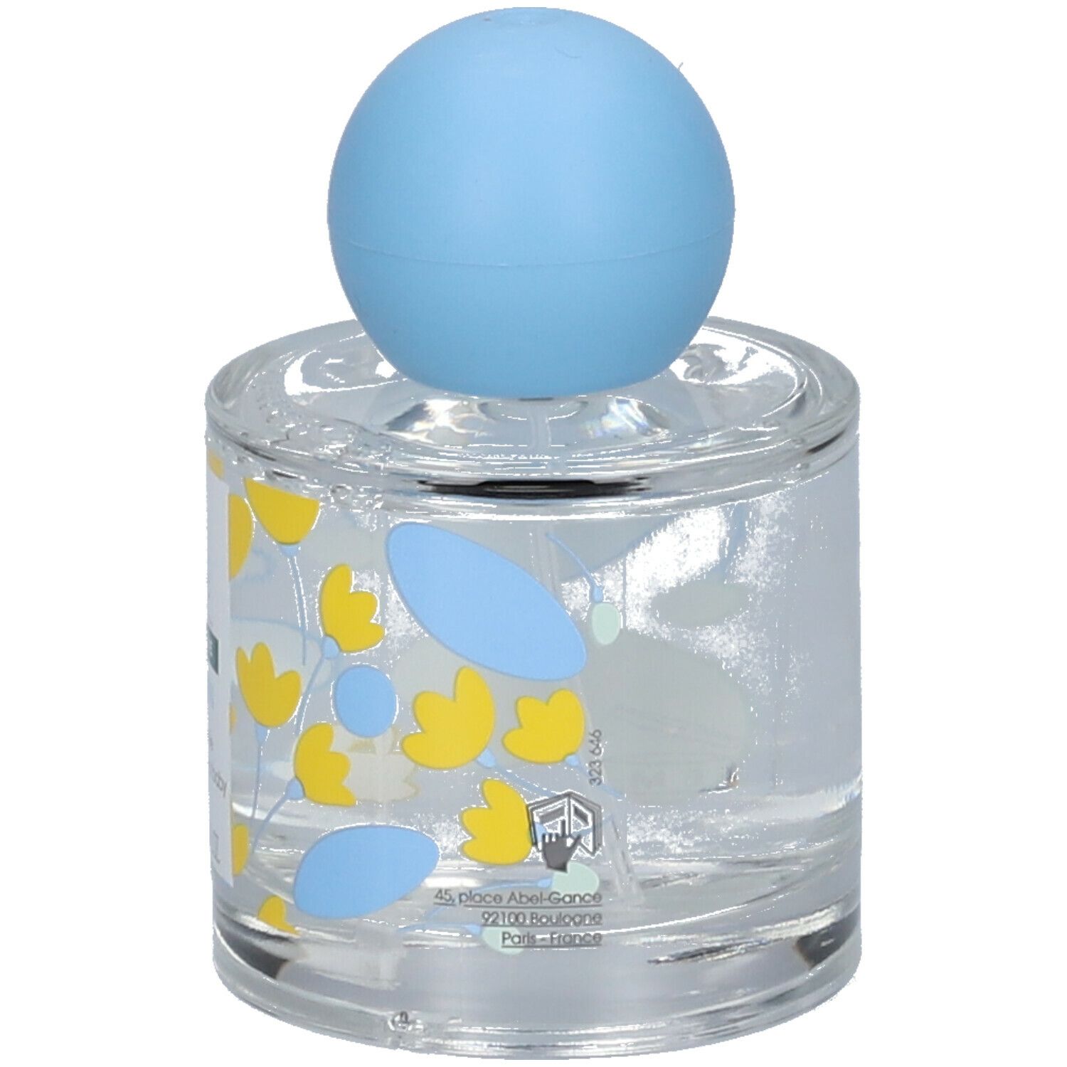 Flacon Klorane Bébé Petit Brin Eau Parfumée, bouchon bleu. Inscriptions.