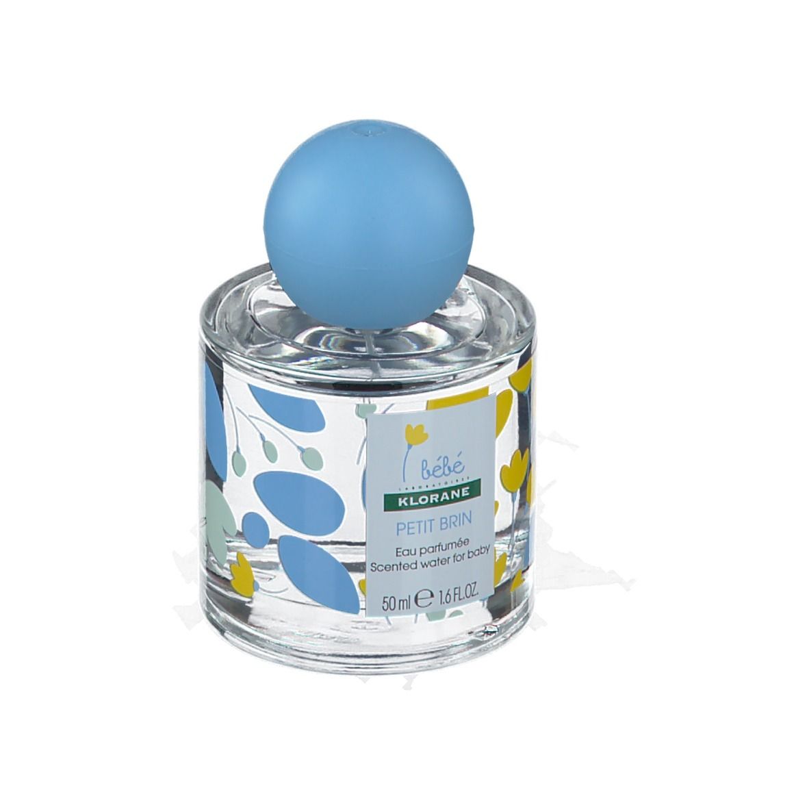 Flacon Klorane Bébé Petit Brin Eau Parfumée, bouchon bleu. Inscriptions.