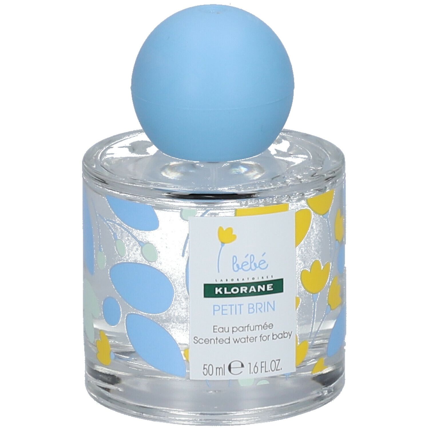 Flacon Klorane Bébé Petit Brin Eau Parfumée, bouchon bleu. Inscriptions.