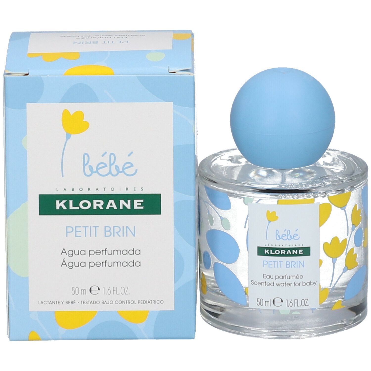 Flacon Klorane Bébé Petit Brin Eau Parfumée, bouchon bleu. Inscriptions.