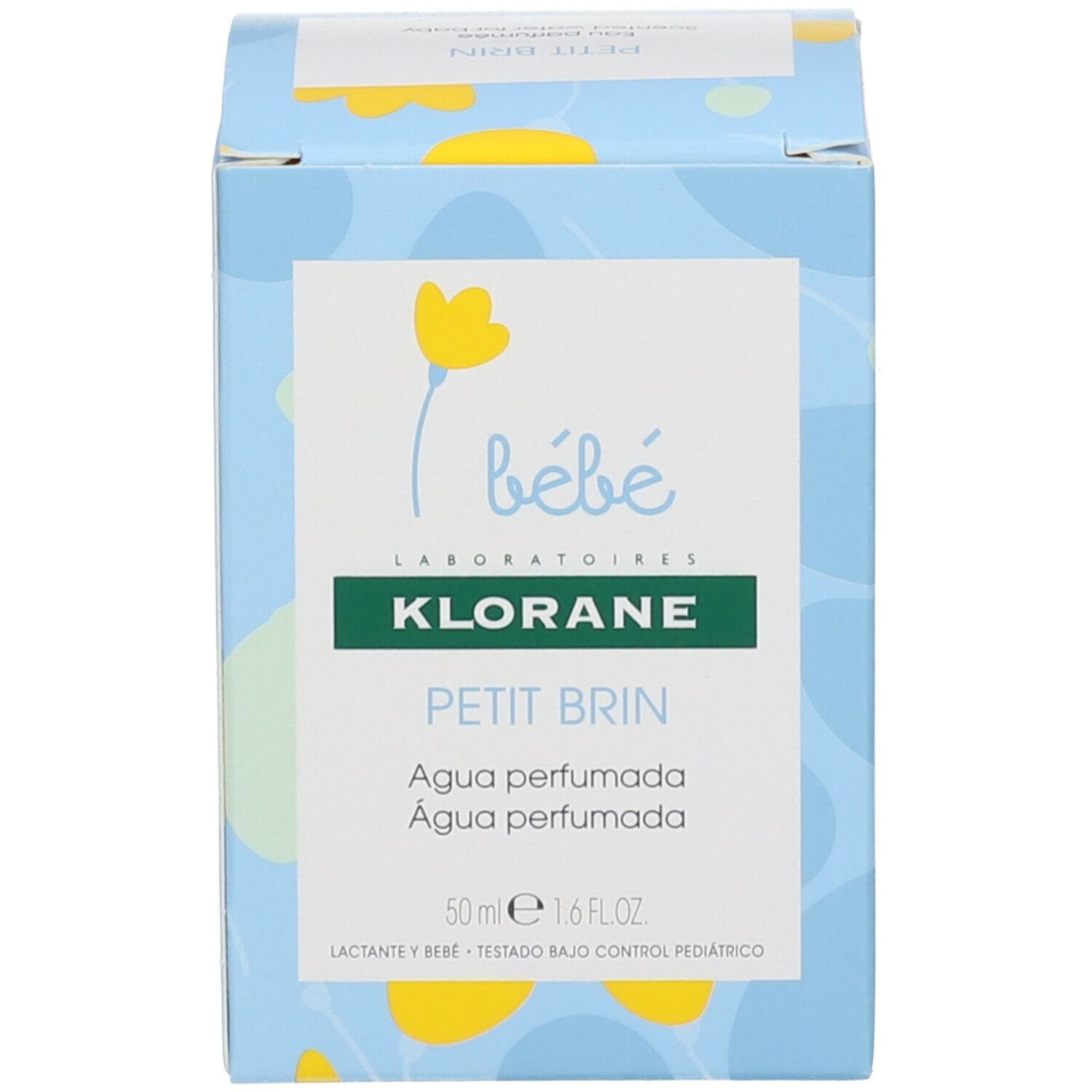 Flacon et emballage Klorane Bébé Petit Brin Eau Parfumée. Inscriptions.