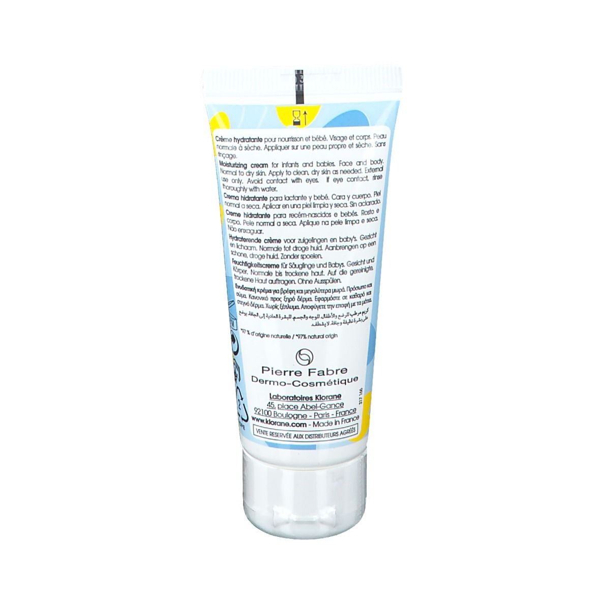 Rückseite der Creme-Tube. Text in mehreren Sprachen: Anwendung, Inhaltsstoffe, Pierre Fabre. Mit floralem Design.