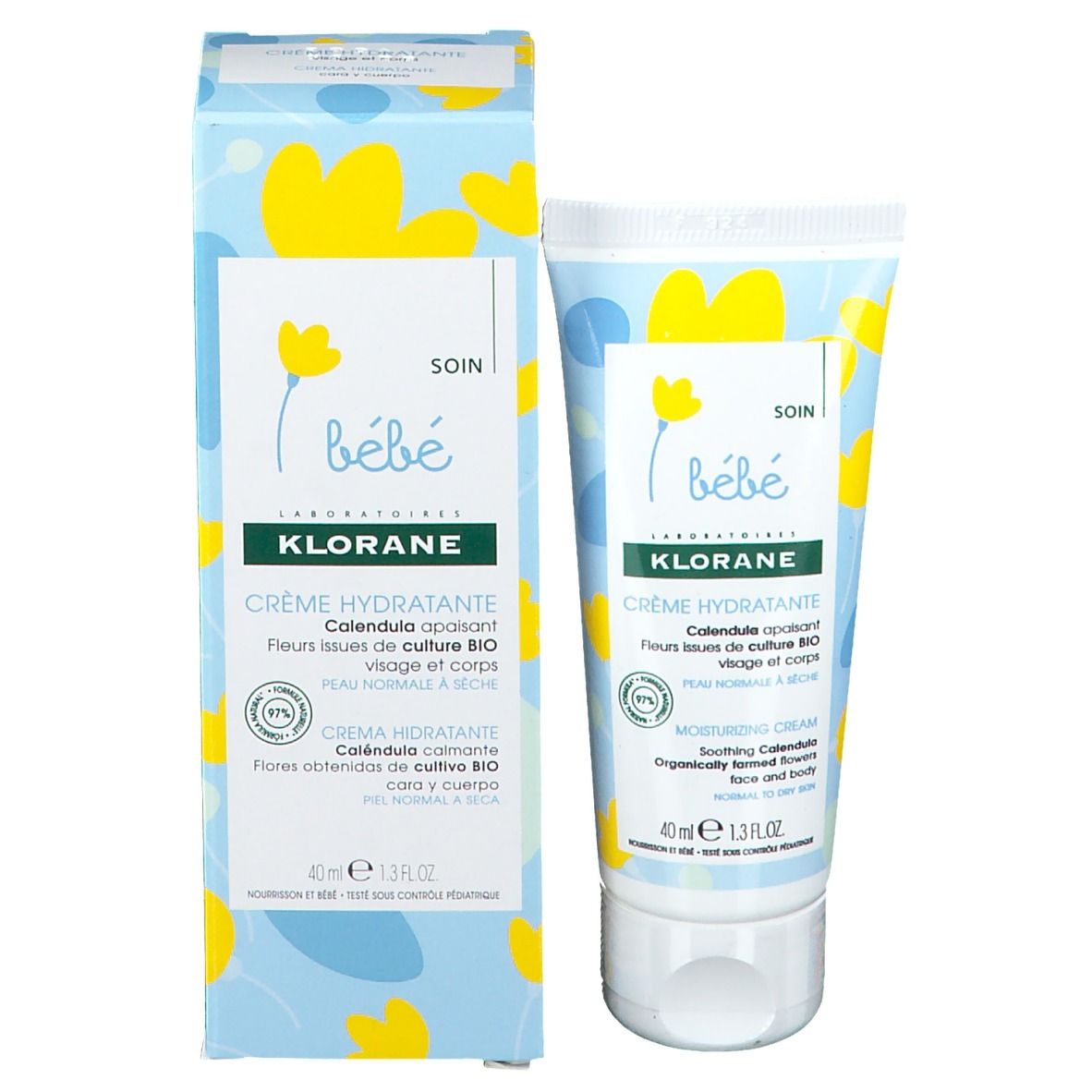 Produktverpackung mit Creme-Tube. Karton und Tube mit floralem Design. Text: Klorane, Crème Hydratante, Bébé.