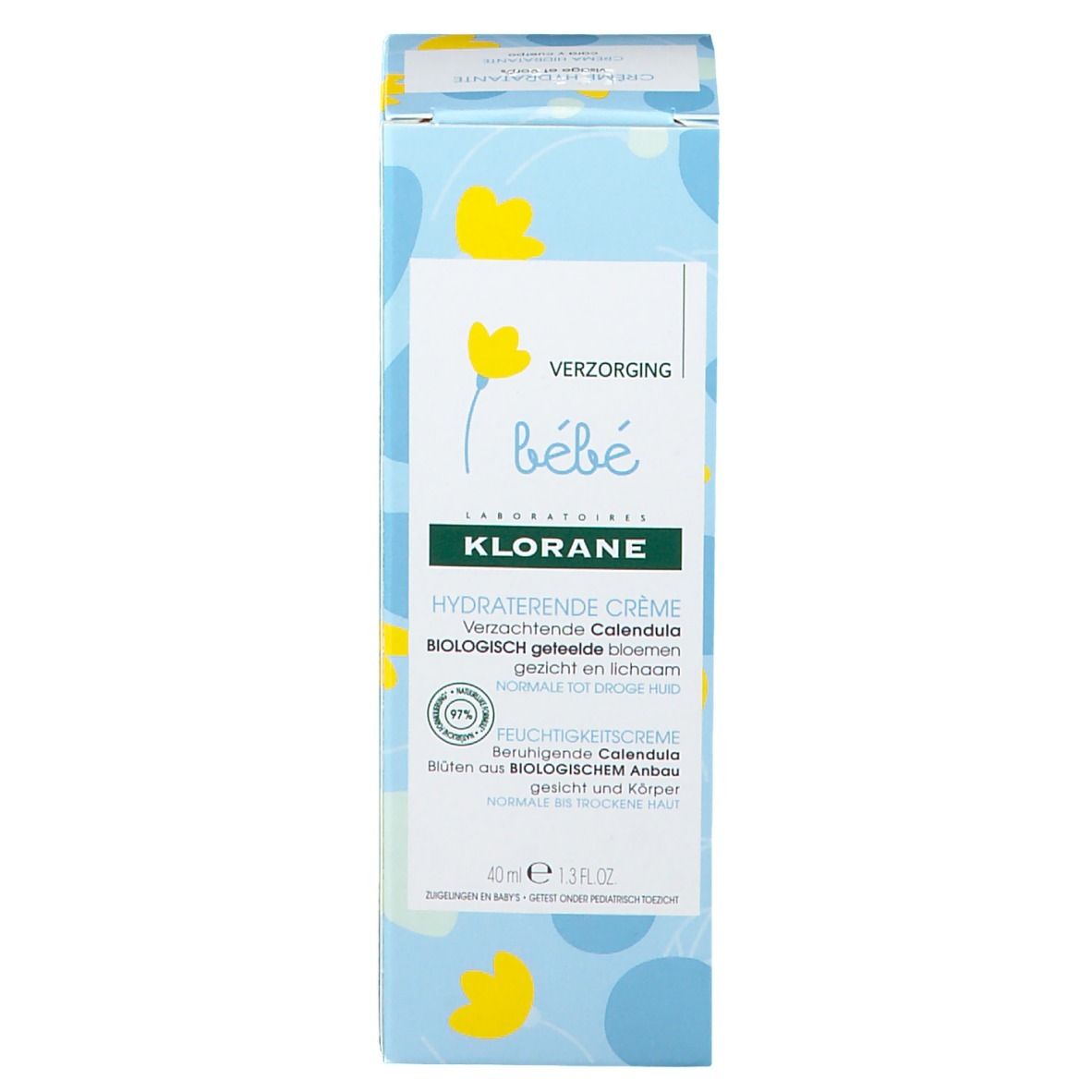 Produktverpackung. Text: Klorane, Hydraterende Crème, Bébé. Für Gesicht und Körper. Floral Design.