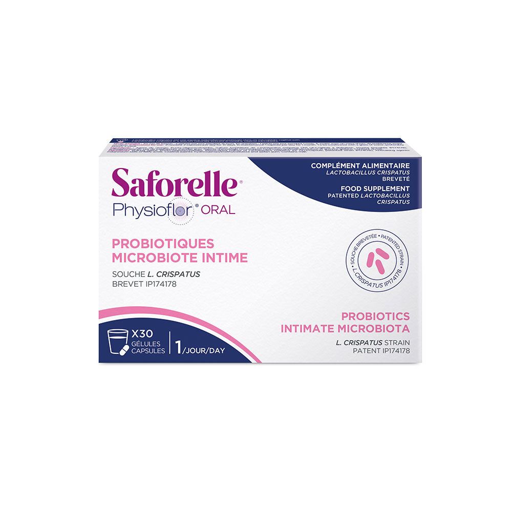 Verpackung von Saforelle Physioflor Oral, Probiotika für das Intim-Mikrobiom, 30 Kapseln.