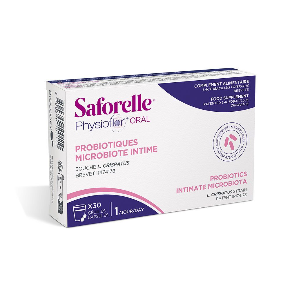 Verpackung von Saforelle Physioflor Oral, Probiotika für das Intim-Mikrobiom, 30 Kapseln.