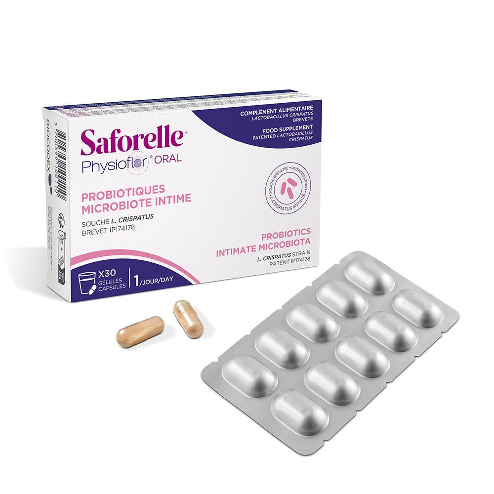 Saforelle Physioflor Oral Verpackung mit Blisterpackung und zwei Kapseln, 30 Stück.