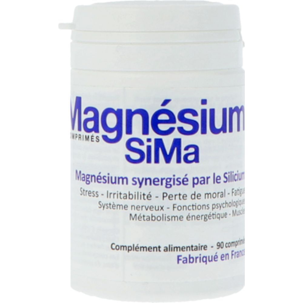 Weißes Tablettenröhrchen mit blauem Aufdruck: Magnésium SiMa. Ergänzungsmittel mit 90 Tabletten.