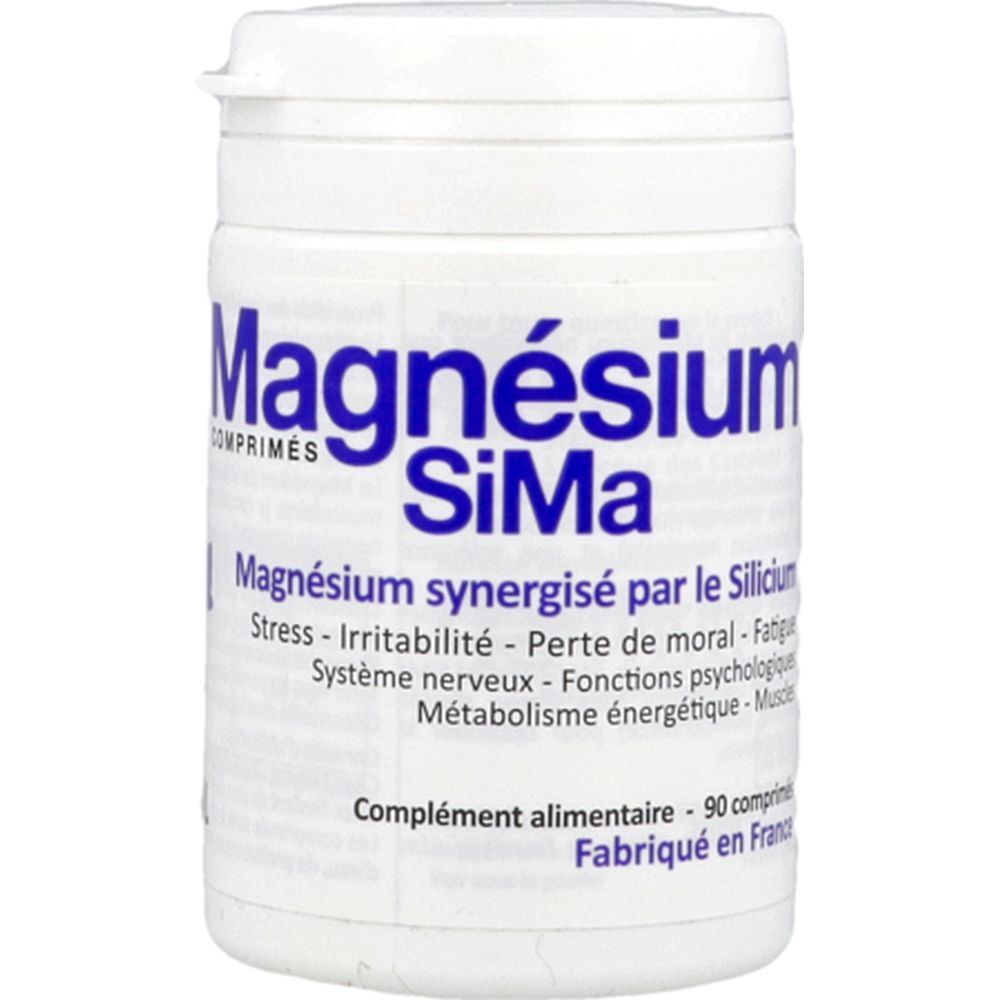 Weißes Tablettenröhrchen mit blauem Aufdruck: Magnésium SiMa. Ergänzungsmittel mit 90 Tabletten.