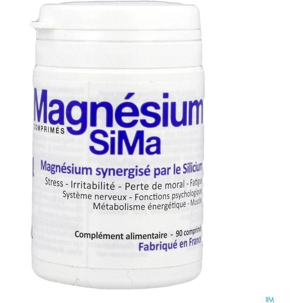 Weißes Tablettenröhrchen mit blauem Aufdruck: Magnésium SiMa. Ergänzungsmittel mit 90 Tabletten.