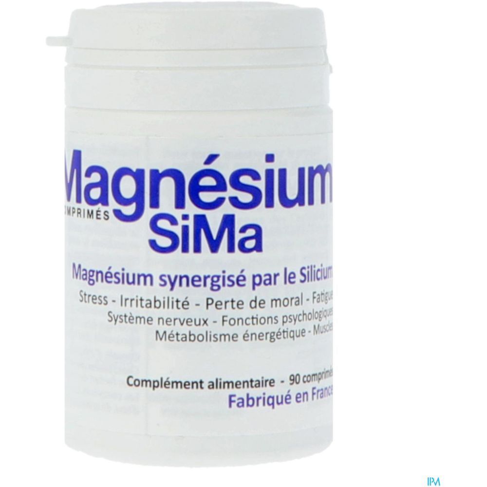 Weißes Tablettenröhrchen mit blauem Aufdruck: Magnésium SiMa. Ergänzungsmittel mit 90 Tabletten.