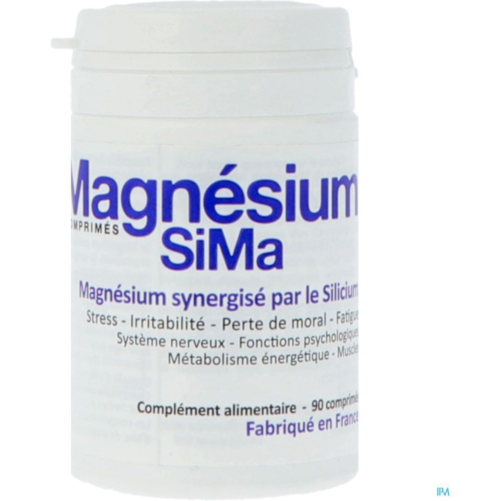 Weißes Tablettenröhrchen mit blauem Aufdruck: Magnésium SiMa. Ergänzungsmittel mit 90 Tabletten.
