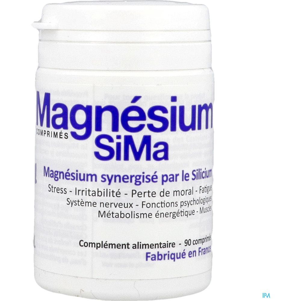 Weißes Tablettenröhrchen mit blauem Aufdruck: Magnésium SiMa. Ergänzungsmittel mit 90 Tabletten.