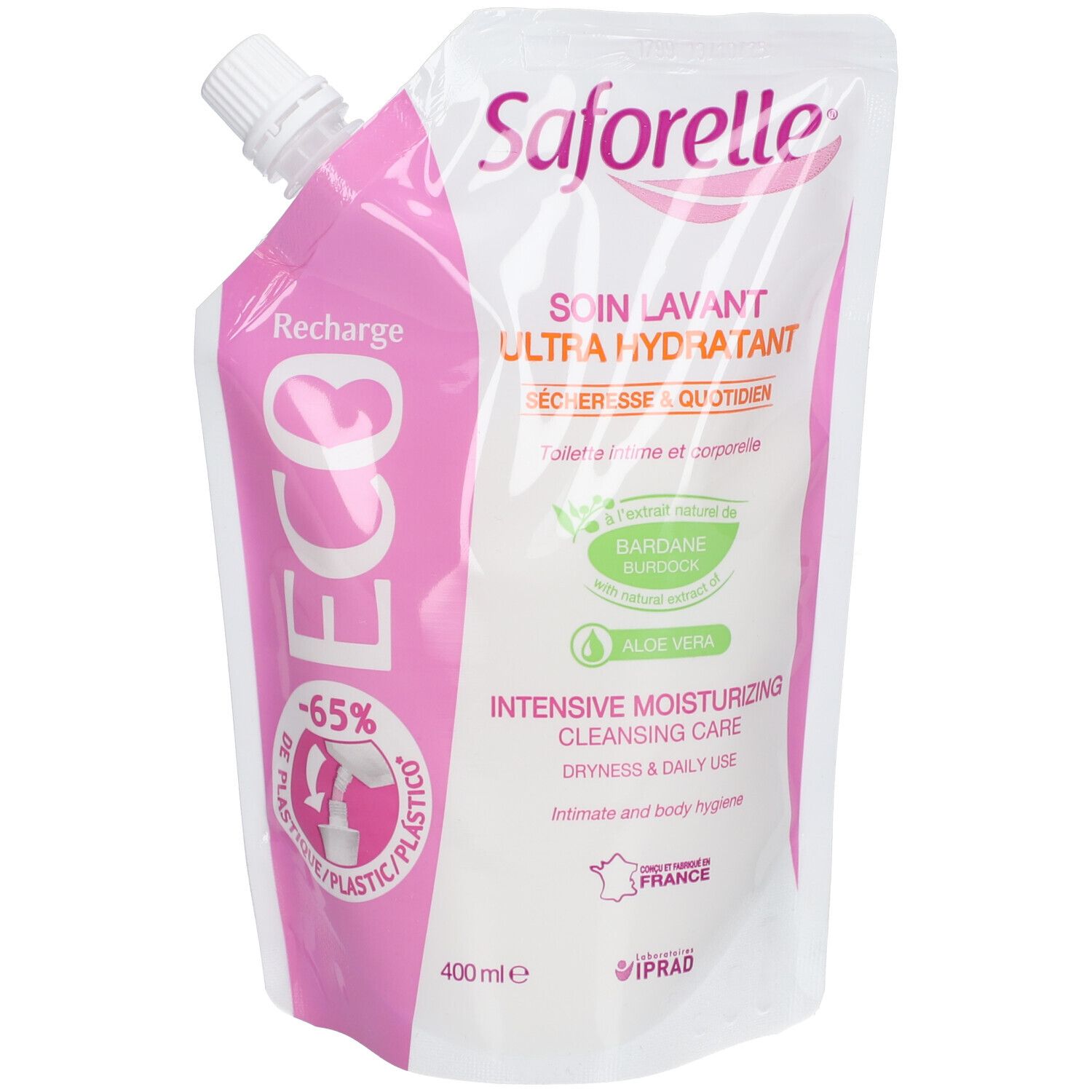 Nachfüllbeutel Saforelle, rosa-weiß. Mit Produktnamen, Text, und Zertifizierungen. Ausgießer oben.