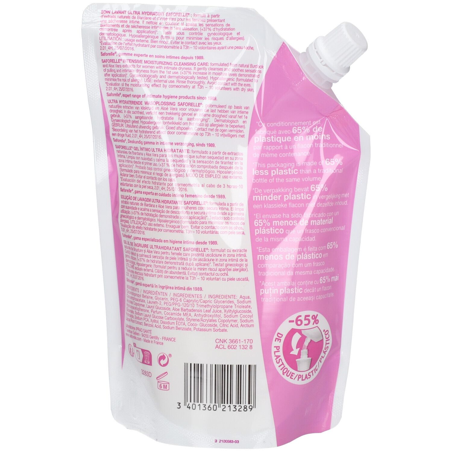 Rückseite des Saforelle Nachfüllbeutels. Text, Zertifizierungen und Barcode. Rosa-weißes Design.
