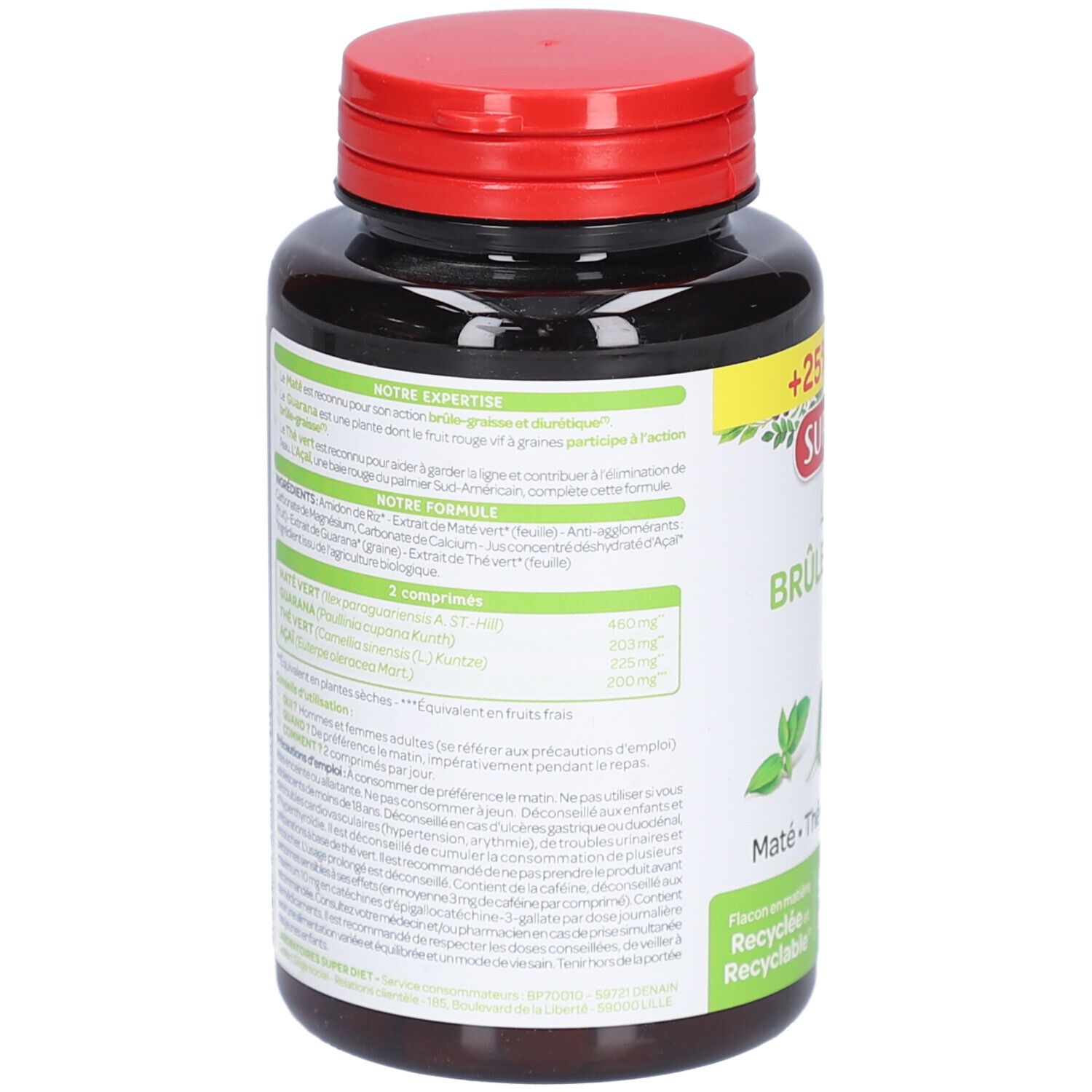 Rückseite der Flasche. Text über Inhaltsstoffe und Anwendung. Enthält Mate, Grüntee, Guarana und Acai. Flasche aus recyceltem Material.