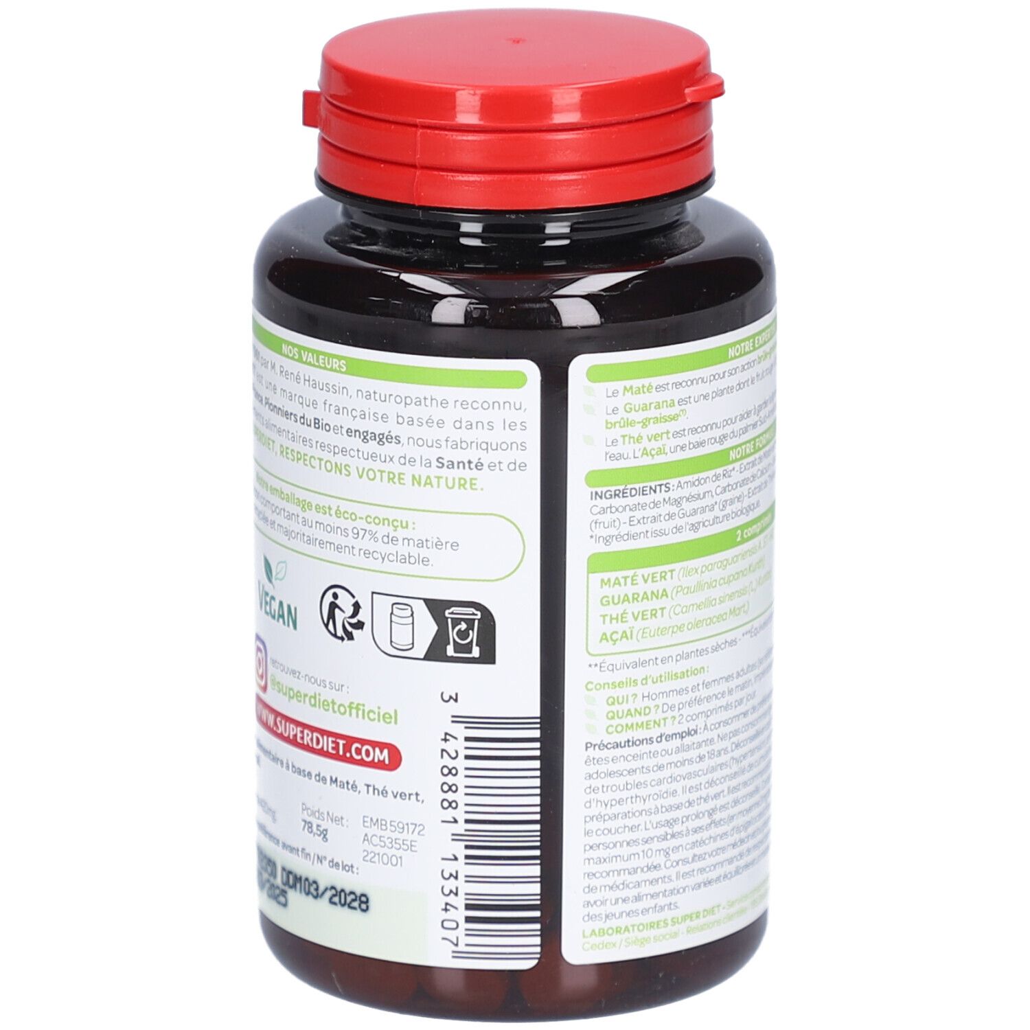 Rückseite der Flasche. Text über Inhaltsstoffe und Anwendung. Vegan-Logo. Flasche aus recyceltem Material. Haltbar bis 03/2025.