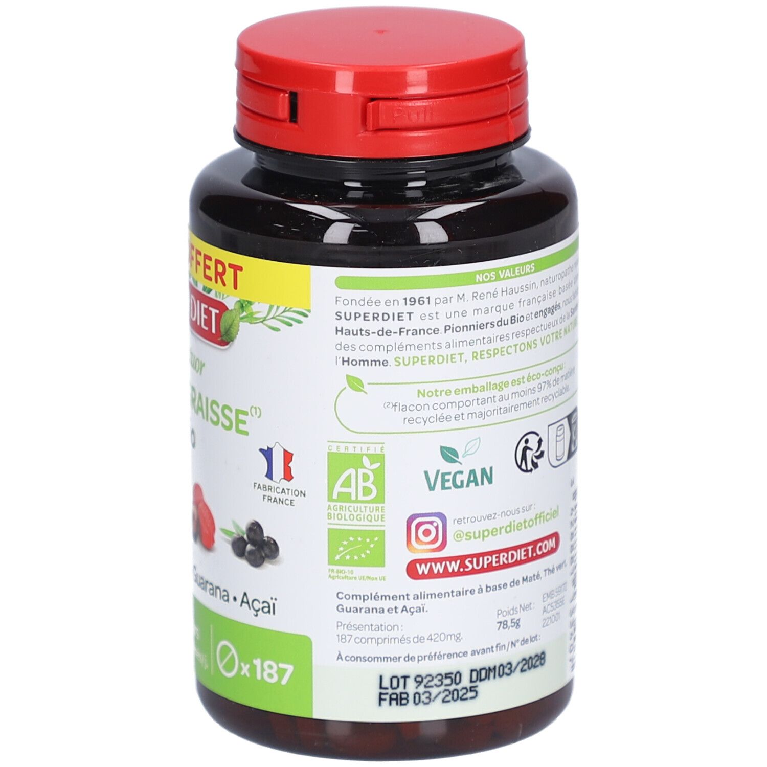 Rückseite der Flasche. Text über Inhaltsstoffe und Anwendung. Vegan-Logo. AB-Zertifizierung. Haltbar bis 03/2025. Gewicht 78,6g.
