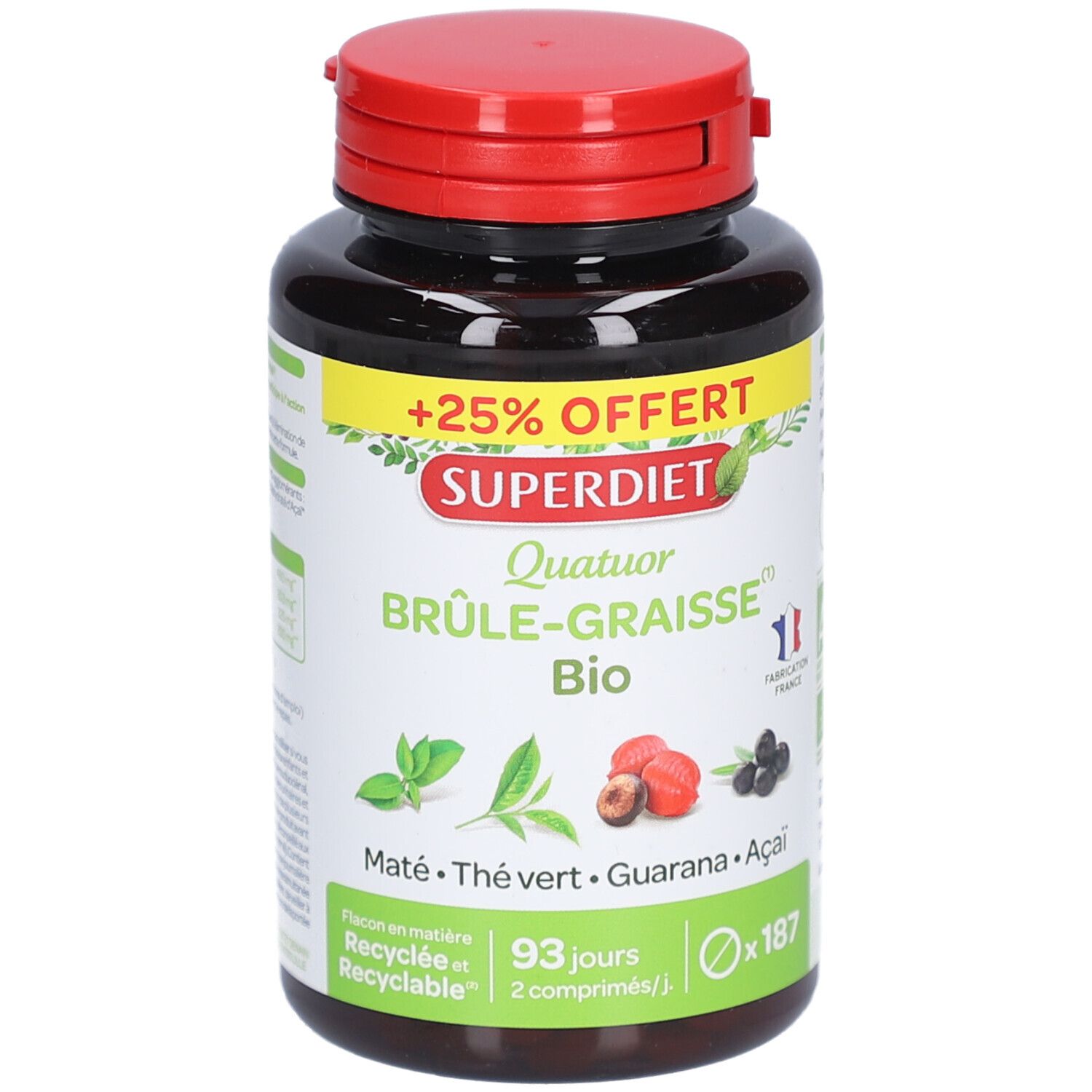 Braune Flasche mit rotem Deckel. Aufschrift: SUPERDIET, Quatuor Brûle-Graisse Bio. Enthält 187 Tabletten. Mit Kräutern und Früchten.