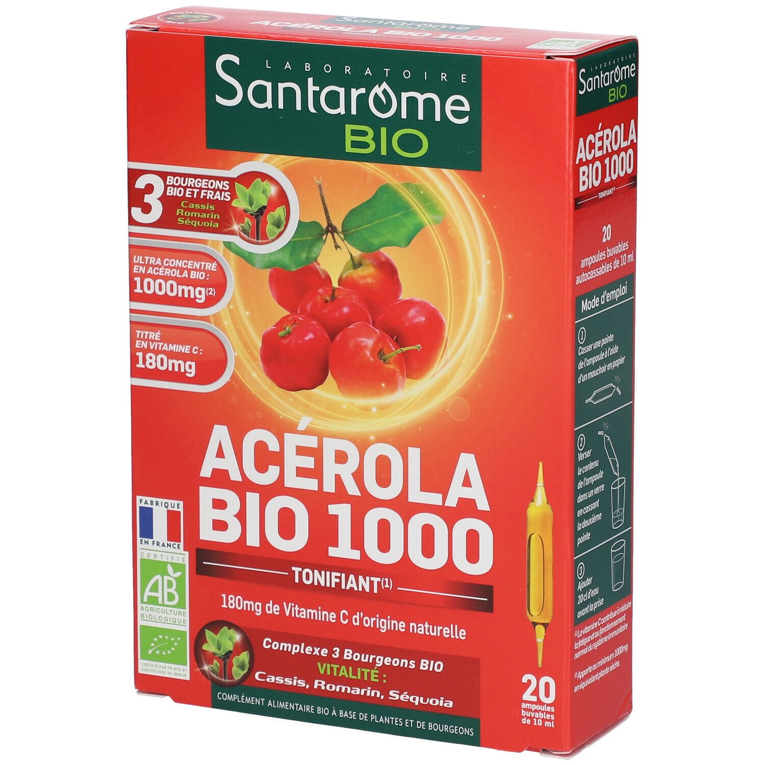 Rote Schachtel mit Produktnamen und Abbildung von Acerola-Kirschen. Enthält 20 Ampullen. AB-Bio-Siegel.