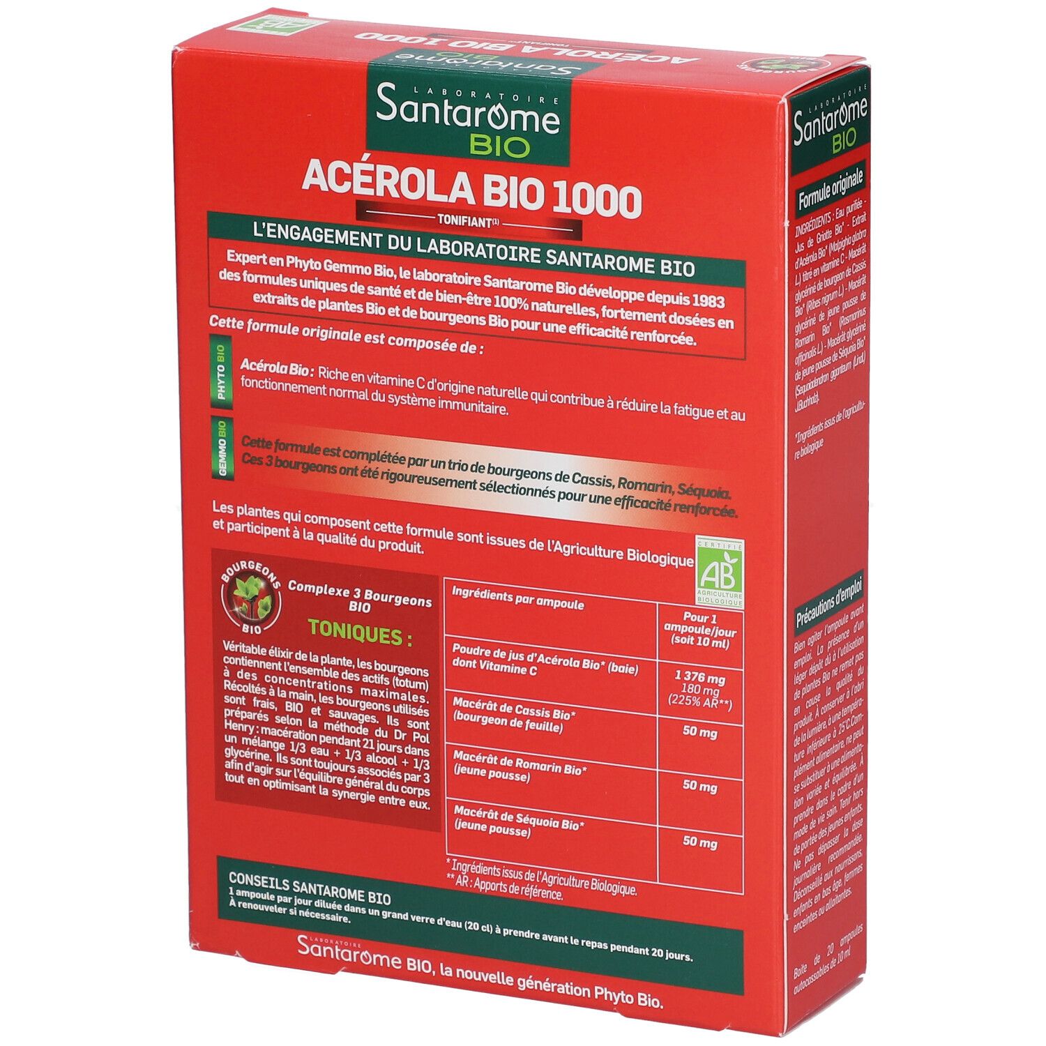 Rückseite der roten Schachtel. Textinformationen über das Produkt und Inhaltsstoffe. AB-Bio-Siegel.