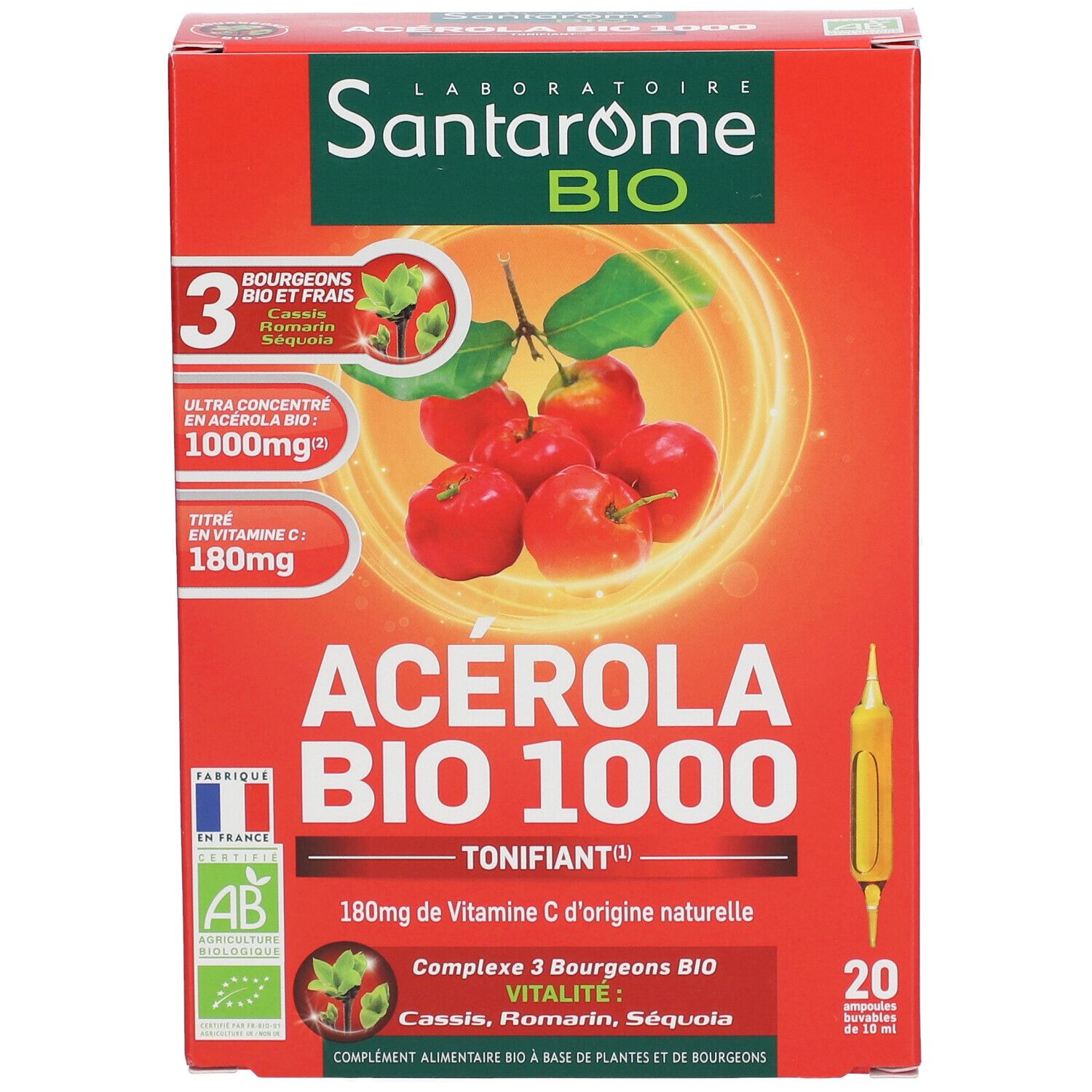Rote Schachtel mit Produktnamen und Abbildung von Acerola-Kirschen. Enthält 20 Ampullen. AB-Bio-Siegel.