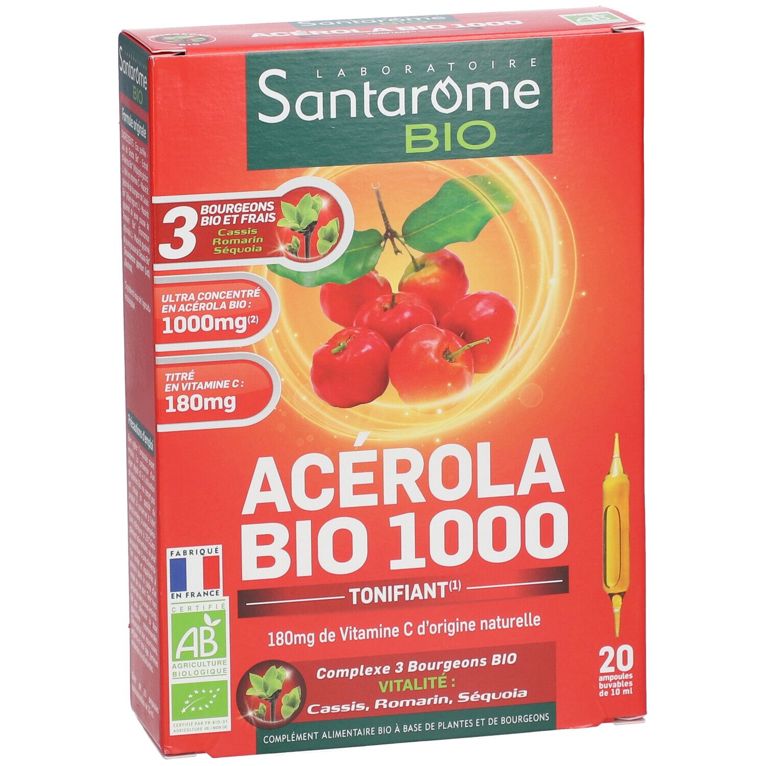 Rote Schachtel mit Produktnamen und Abbildung von Acerola-Kirschen. Enthält 20 Ampullen. AB-Bio-Siegel.