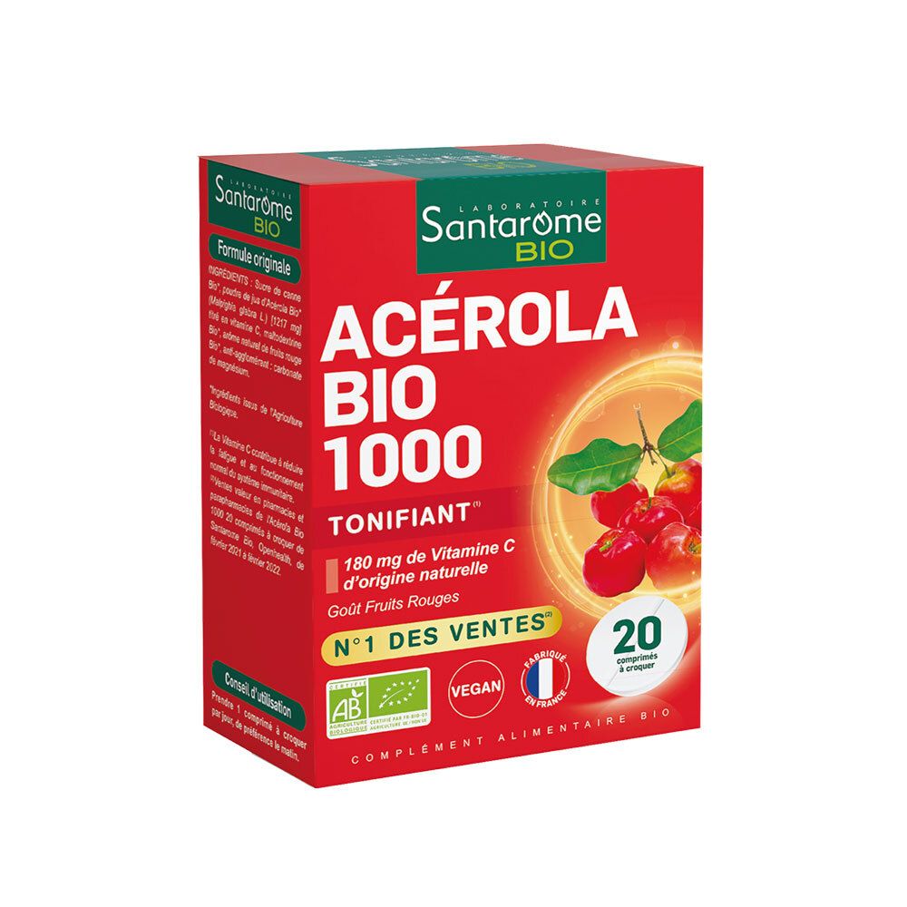 Rote Schachtel mit Text: ACÉROLA BIO 1000, 20 Tabletten. AB-Bio-Siegel. Vegan-Logo.