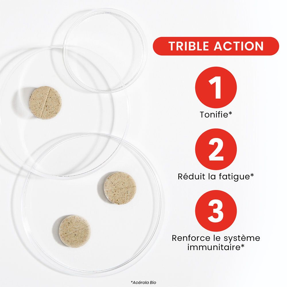 Drei Tabletten auf transparenten Tellern. Text: Tonifiere, Reduziert Müdigkeit, Stärkt Immunsystem.