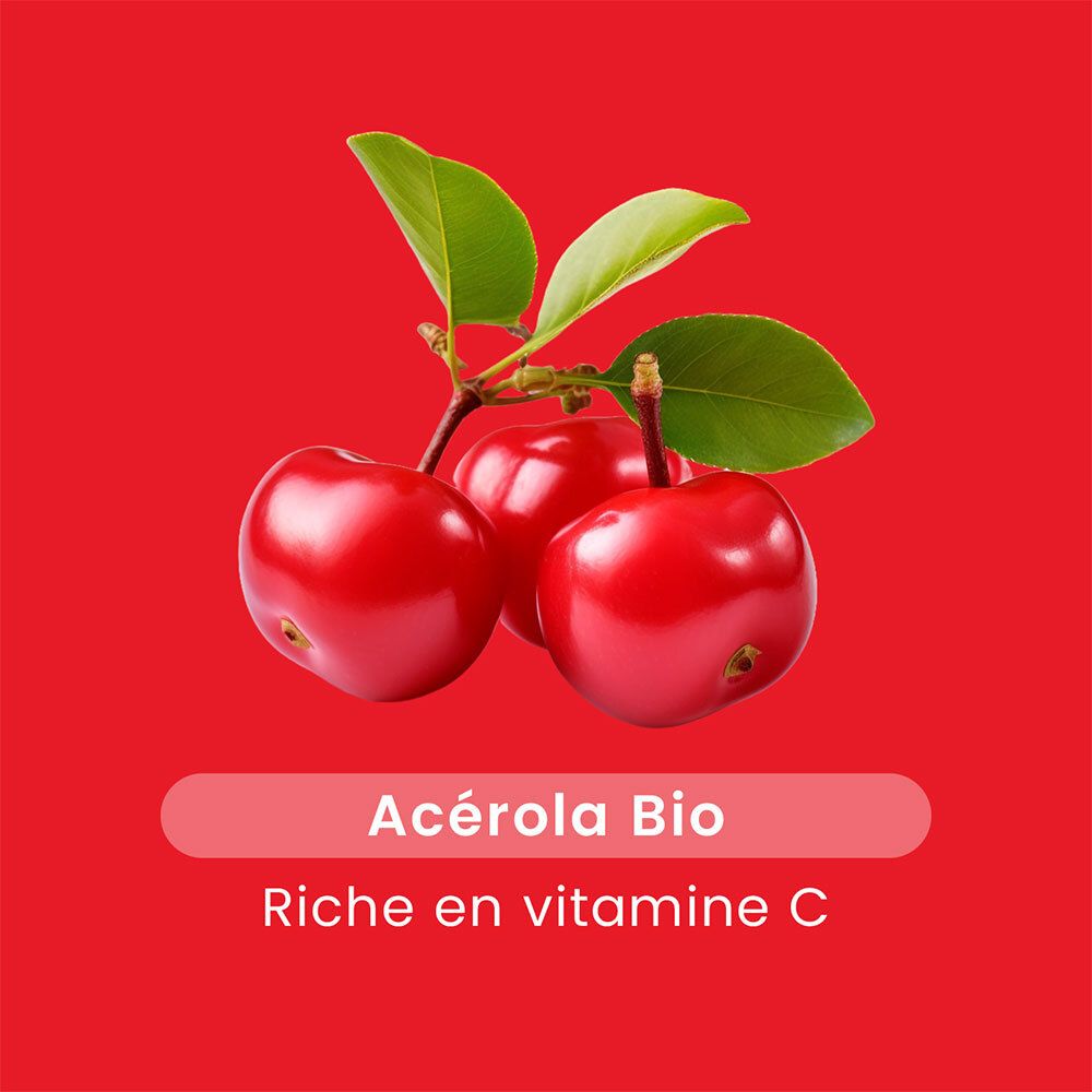 Drei rote Acerola-Früchte mit Blättern. Text: Acerola Bio, Reich an Vitamin C.